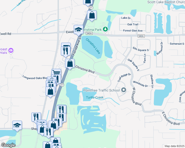 map of restaurants, bars, coffee shops, grocery stores, and more near 639 Lake Clark Place in Lakeland