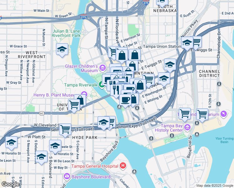 map of restaurants, bars, coffee shops, grocery stores, and more near in Tampa
