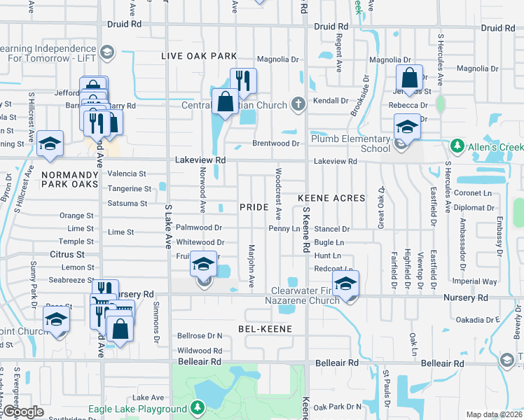 map of restaurants, bars, coffee shops, grocery stores, and more near 1360 Irving Avenue in Clearwater
