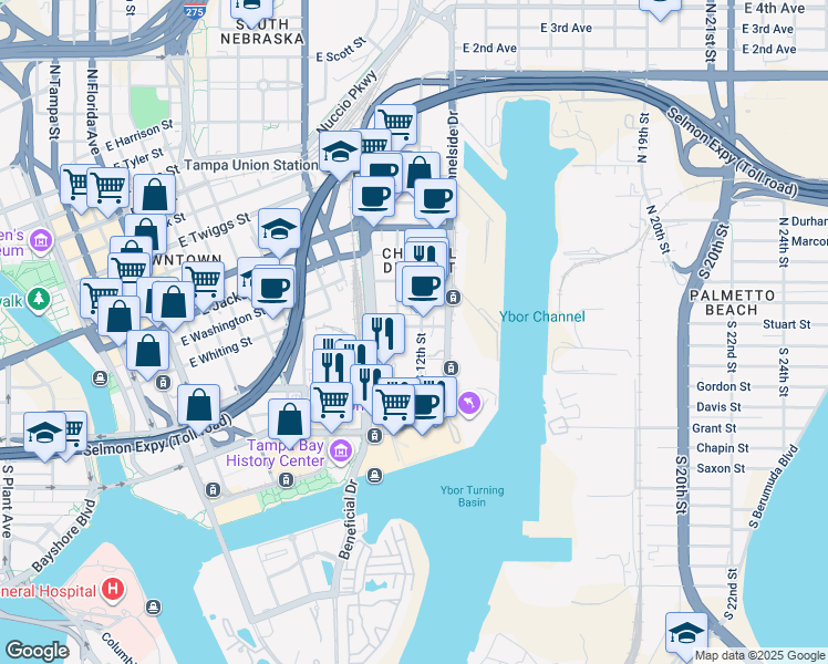 map of restaurants, bars, coffee shops, grocery stores, and more near 110 South 11th Street in Tampa