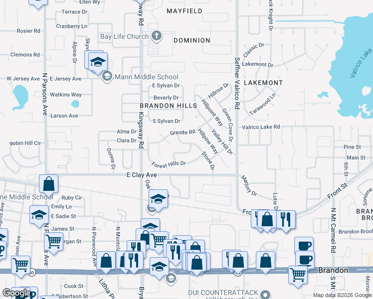 map of restaurants, bars, coffee shops, grocery stores, and more near 519 Hilldale Road in Brandon