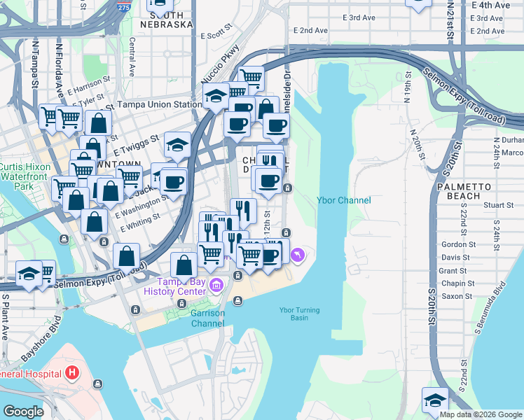 map of restaurants, bars, coffee shops, grocery stores, and more near 110 South 11th Street in Tampa