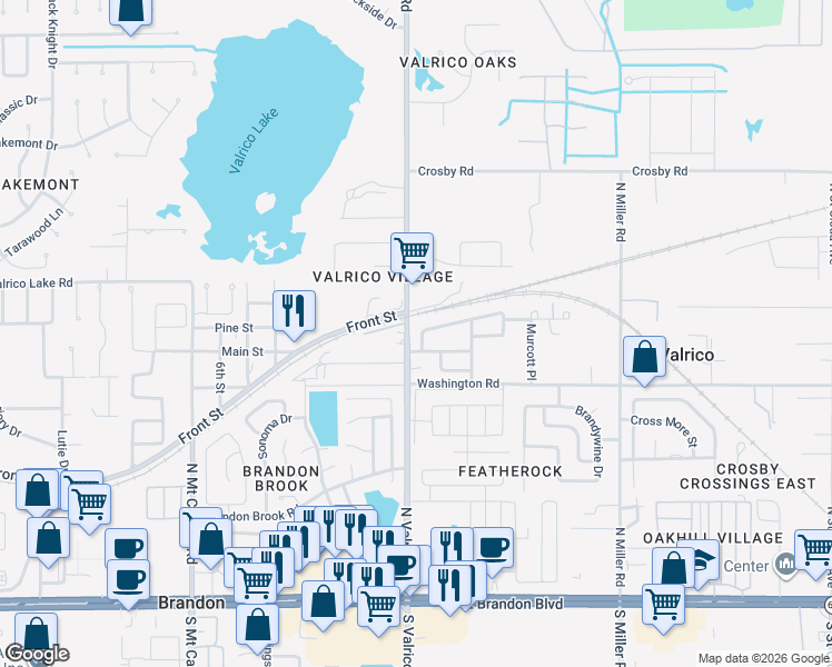 map of restaurants, bars, coffee shops, grocery stores, and more near 2102 Ridgemore Drive in Valrico