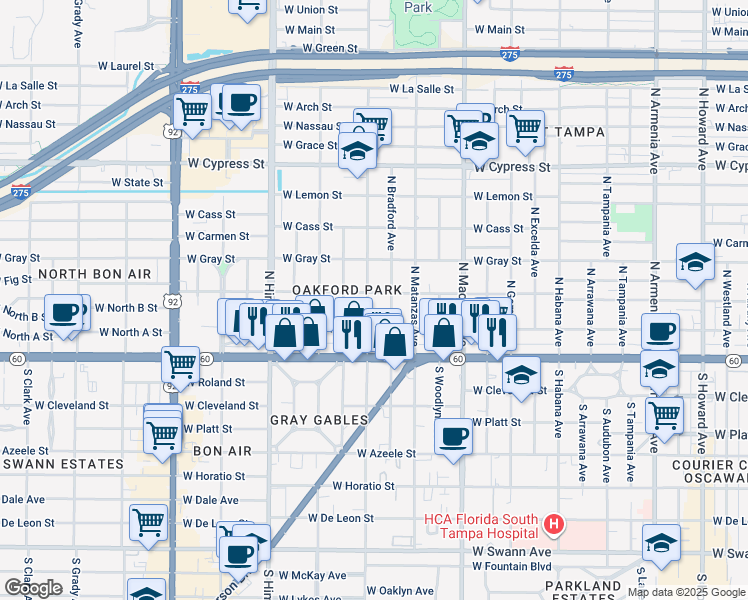 map of restaurants, bars, coffee shops, grocery stores, and more near 205 North Lincoln Avenue in Tampa
