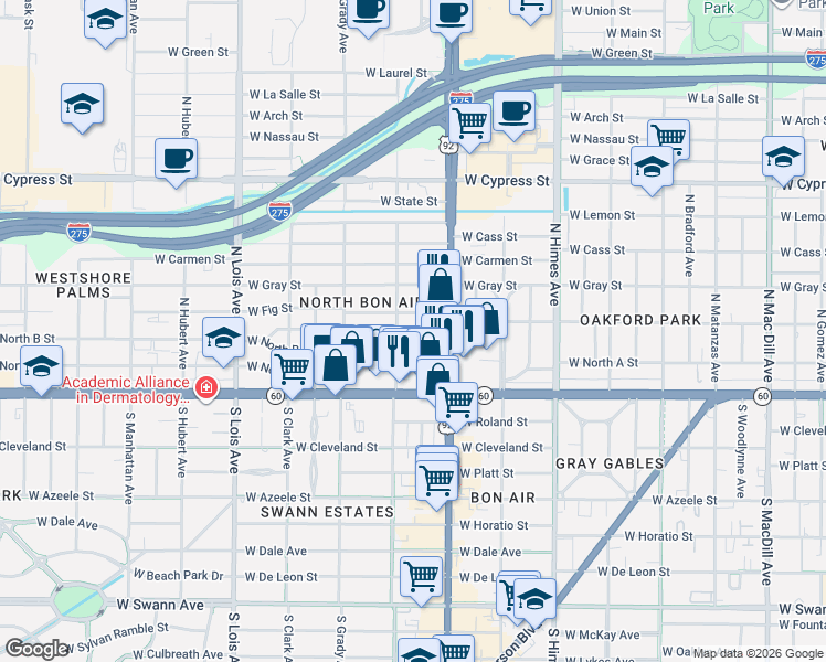 map of restaurants, bars, coffee shops, grocery stores, and more near 3820 West North B Street in Tampa