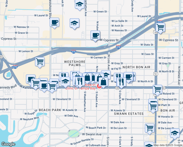 map of restaurants, bars, coffee shops, grocery stores, and more near 210 North Hubert Avenue in Tampa