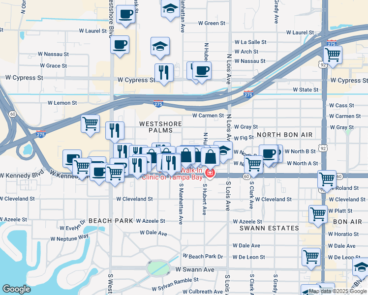 map of restaurants, bars, coffee shops, grocery stores, and more near 110 North Manhattan Avenue in Tampa