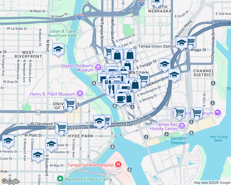 map of restaurants, bars, coffee shops, grocery stores, and more near 101 East Kennedy Boulevard in Tampa