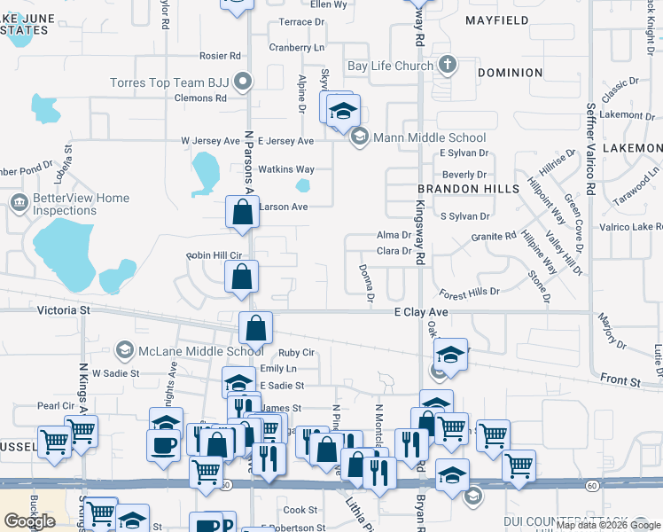 map of restaurants, bars, coffee shops, grocery stores, and more near 519 Oak Briar Place in Brandon
