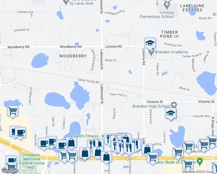 map of restaurants, bars, coffee shops, grocery stores, and more near 1580 Blue Magnolia Road in Brandon