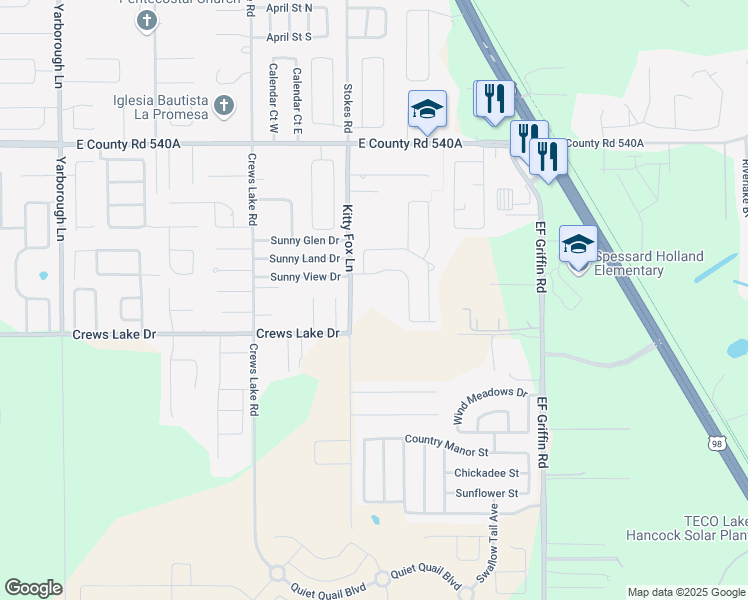 map of restaurants, bars, coffee shops, grocery stores, and more near 6520 Kitty Fox Lane in Lakeland
