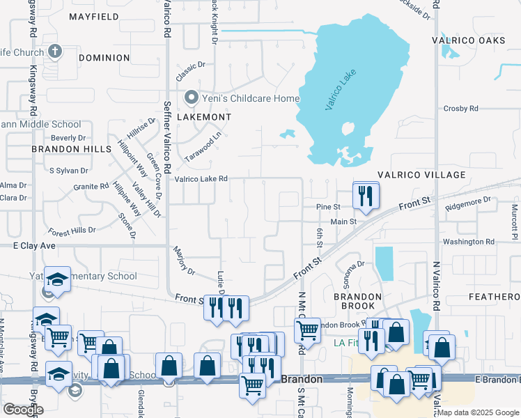 map of restaurants, bars, coffee shops, grocery stores, and more near 1421 Main Street in Valrico