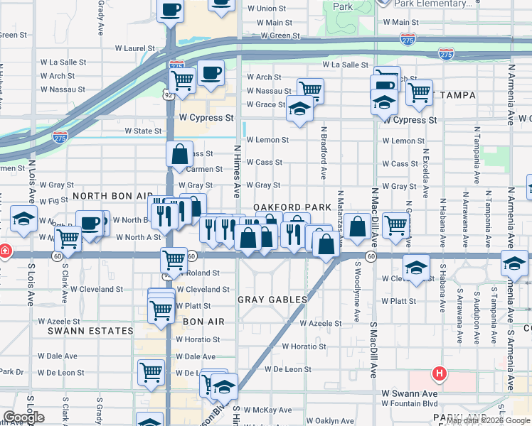 map of restaurants, bars, coffee shops, grocery stores, and more near 208 North Glen Avenue in Tampa