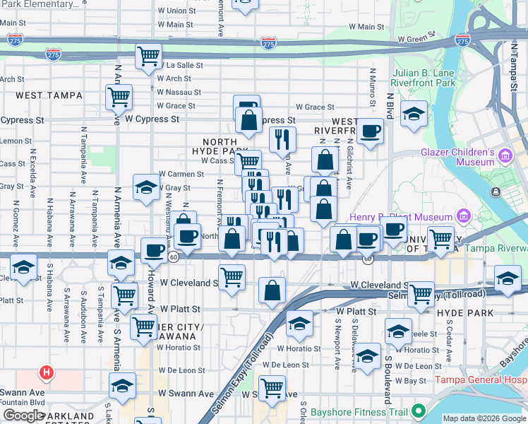 map of restaurants, bars, coffee shops, grocery stores, and more near 1524 West North B Street in Tampa