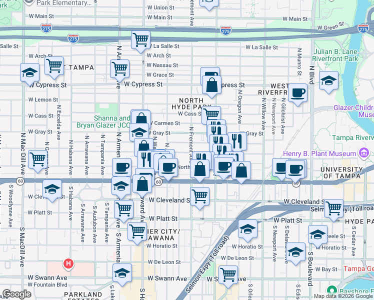 map of restaurants, bars, coffee shops, grocery stores, and more near 204 North Fremont Avenue in Tampa