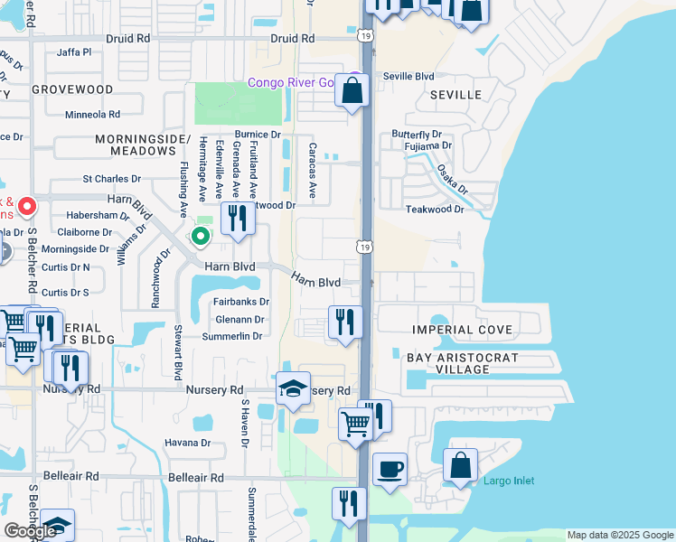 map of restaurants, bars, coffee shops, grocery stores, and more near 2577 Harn Boulevard in Clearwater