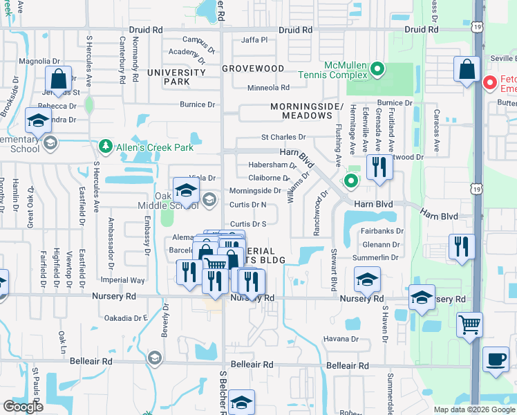 map of restaurants, bars, coffee shops, grocery stores, and more near 2232 Curtis Drive South in Clearwater