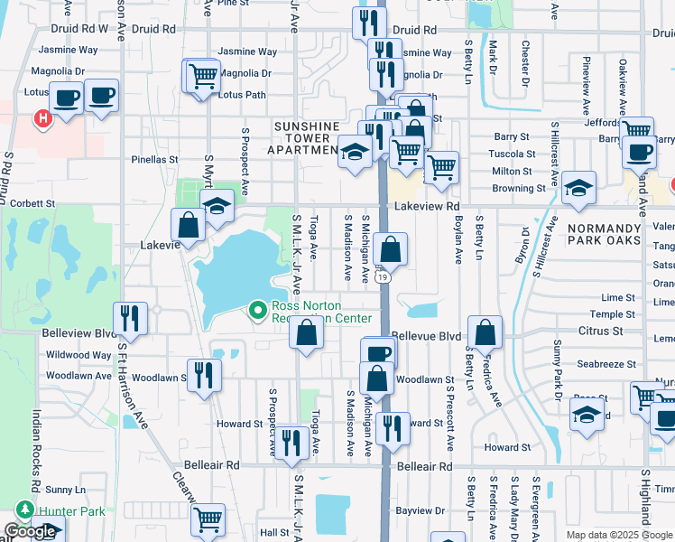 map of restaurants, bars, coffee shops, grocery stores, and more near 1140 Kingsley Street in Clearwater