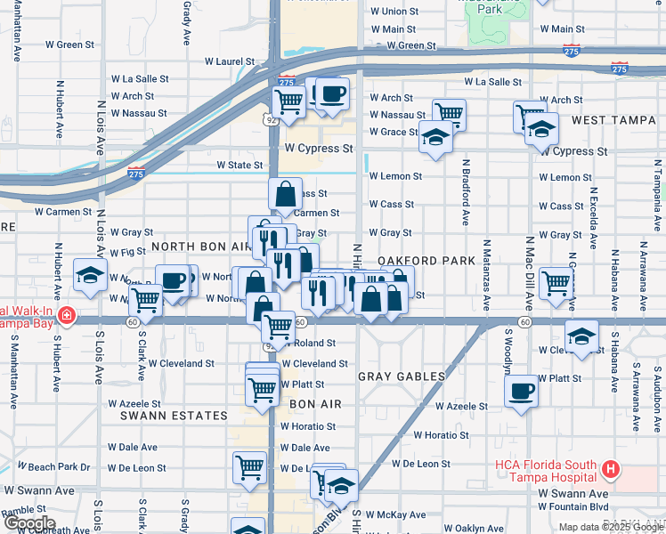 map of restaurants, bars, coffee shops, grocery stores, and more near 222 North Clearview Avenue in Tampa