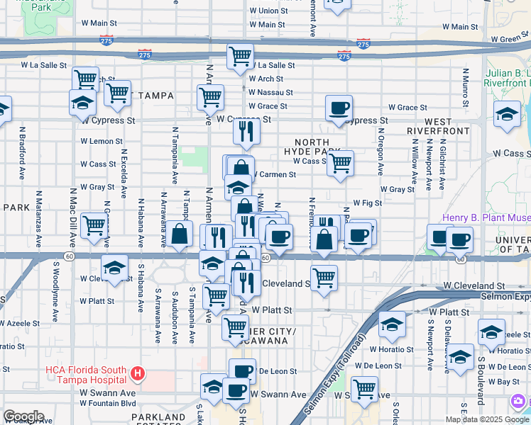 map of restaurants, bars, coffee shops, grocery stores, and more near 207 North Westland Avenue in Tampa