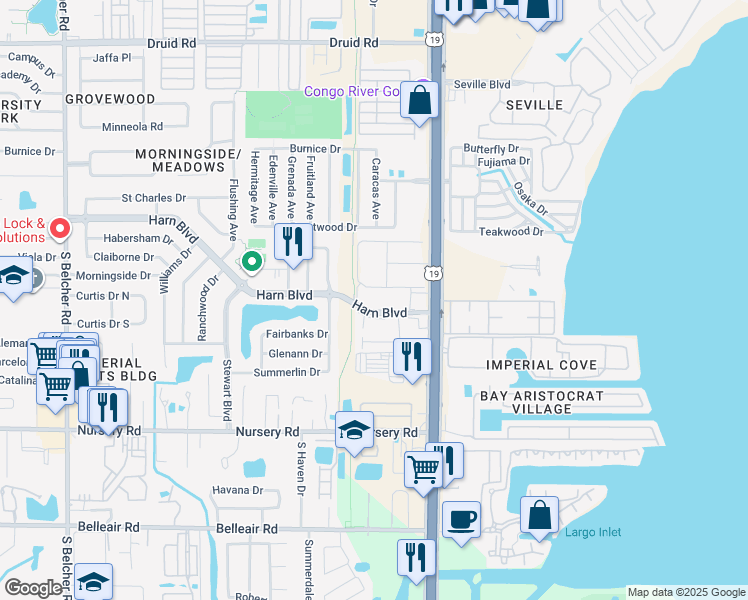 map of restaurants, bars, coffee shops, grocery stores, and more near 2500 Harn Boulevard in Clearwater