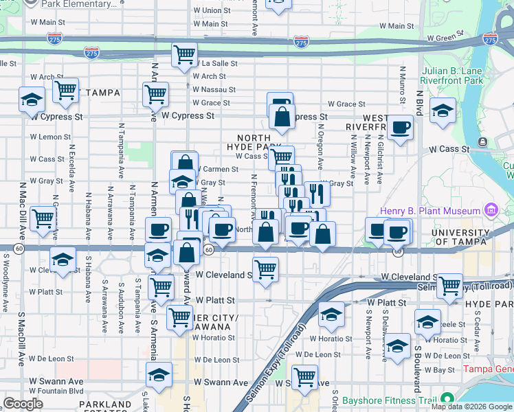 map of restaurants, bars, coffee shops, grocery stores, and more near 204 North Fremont Avenue in Tampa