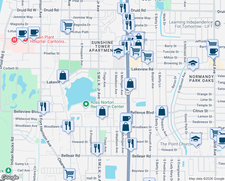 map of restaurants, bars, coffee shops, grocery stores, and more near 1377 South Washington Avenue in Clearwater