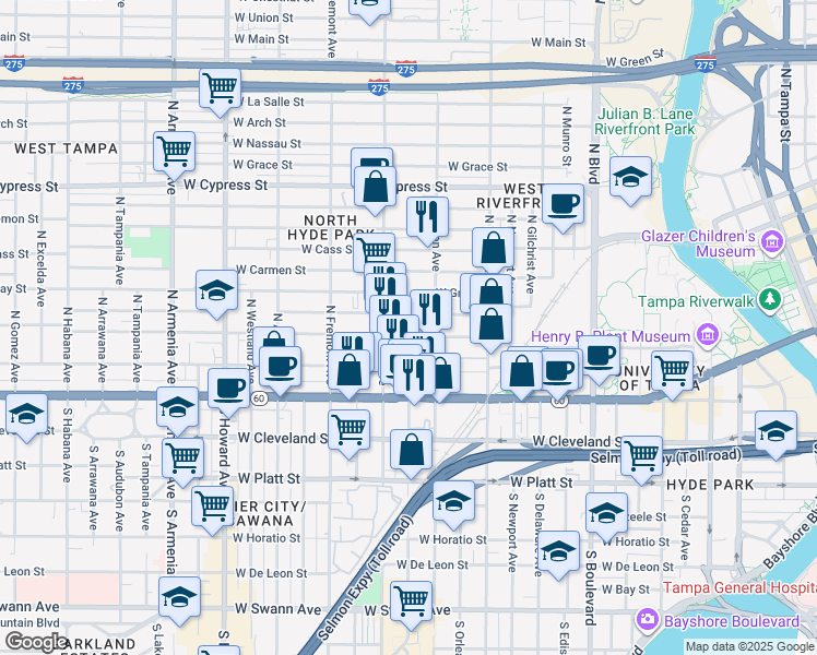 map of restaurants, bars, coffee shops, grocery stores, and more near 1524 West North B Street in Tampa