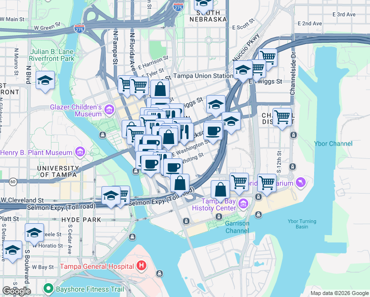 map of restaurants, bars, coffee shops, grocery stores, and more near 134 South Morgan Street in Tampa