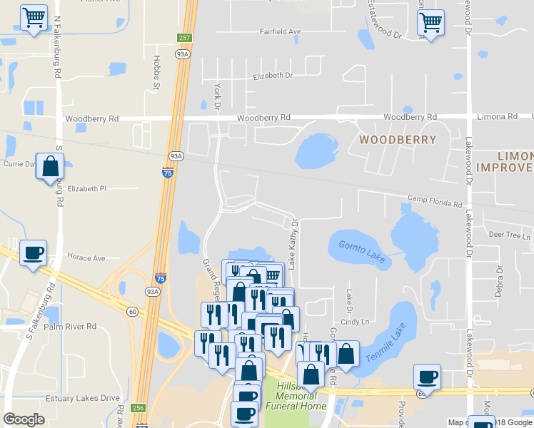 map of restaurants, bars, coffee shops, grocery stores, and more near 2216 Kendall Springs Court in Brandon