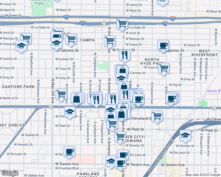 map of restaurants, bars, coffee shops, grocery stores, and more near 205 North Armenia Avenue in Tampa