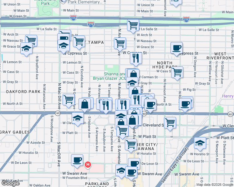 map of restaurants, bars, coffee shops, grocery stores, and more near 205 North Armenia Avenue in Tampa