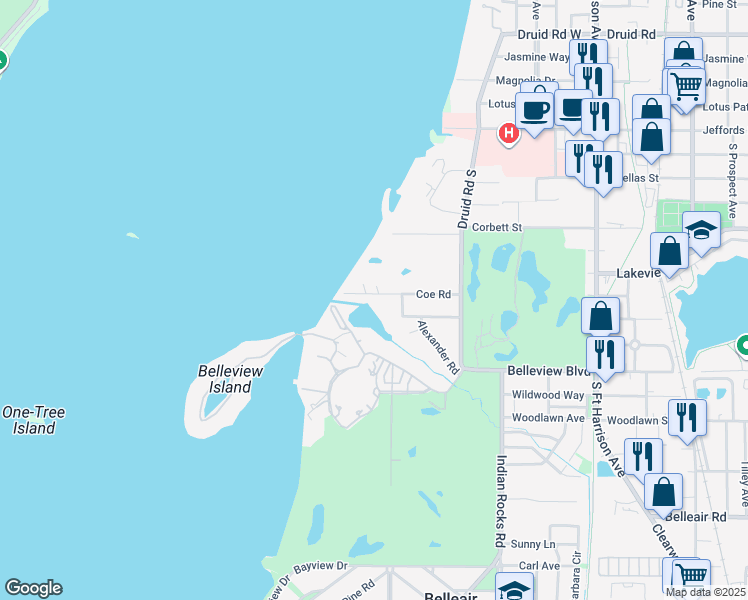 map of restaurants, bars, coffee shops, grocery stores, and more near 99 Coe Road in Belleair