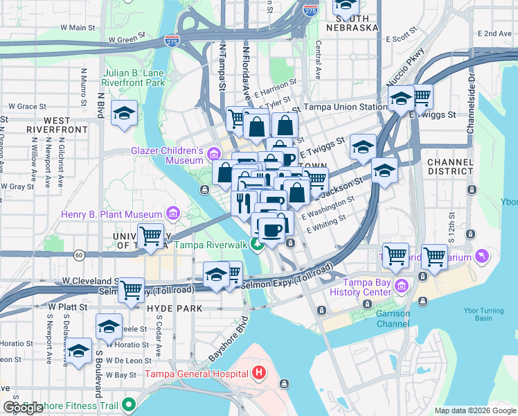 map of restaurants, bars, coffee shops, grocery stores, and more near 101 East Kennedy Boulevard in Tampa