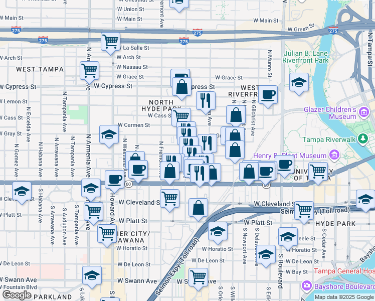 map of restaurants, bars, coffee shops, grocery stores, and more near 1524 West North B Street in Tampa