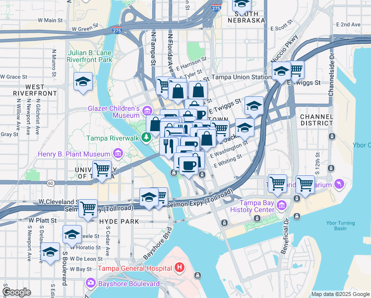map of restaurants, bars, coffee shops, grocery stores, and more near 211 North Tampa Street in Tampa