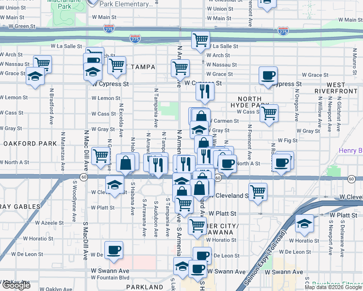 map of restaurants, bars, coffee shops, grocery stores, and more near 205 North Armenia Avenue in Tampa