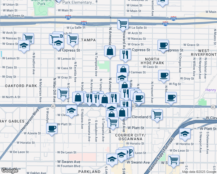 map of restaurants, bars, coffee shops, grocery stores, and more near 205 North Armenia Avenue in Tampa