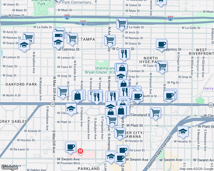 map of restaurants, bars, coffee shops, grocery stores, and more near 205 North Armenia Avenue in Tampa