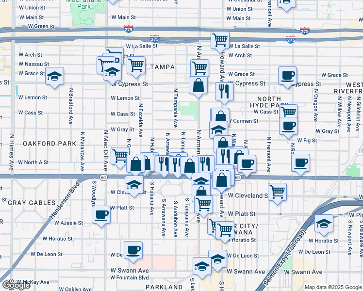 map of restaurants, bars, coffee shops, grocery stores, and more near 214 North Tampania Avenue in Tampa