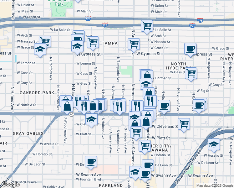 map of restaurants, bars, coffee shops, grocery stores, and more near 206 North Arrawana Avenue in Tampa