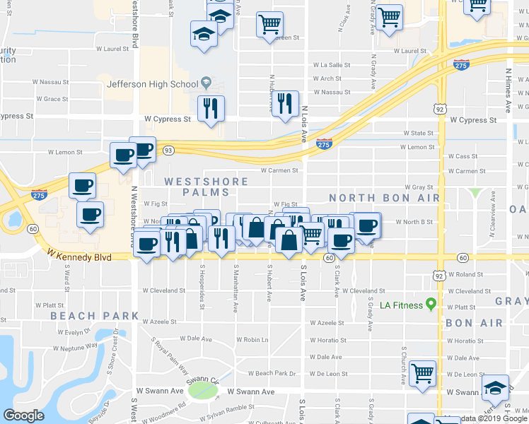 map of restaurants, bars, coffee shops, grocery stores, and more near 210 North Hubert Avenue in Tampa