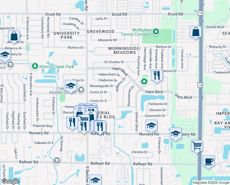 map of restaurants, bars, coffee shops, grocery stores, and more near 1355 Williams Drive in Clearwater