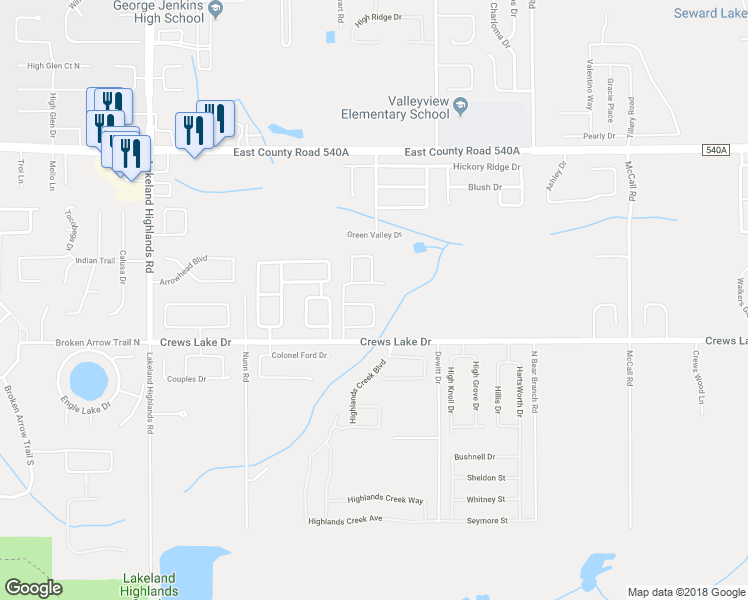 map of restaurants, bars, coffee shops, grocery stores, and more near 2663 Brookside Bluff Loop in Lakeland