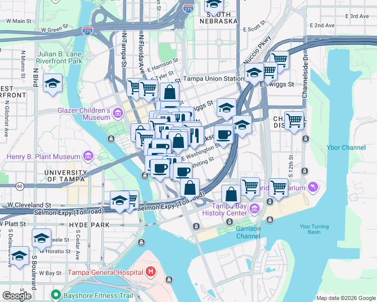 map of restaurants, bars, coffee shops, grocery stores, and more near 134N South Morgan Street in Tampa