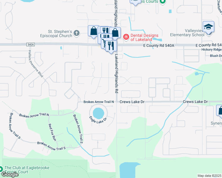 map of restaurants, bars, coffee shops, grocery stores, and more near 6521 Lakeland Highlands Road in Lakeland