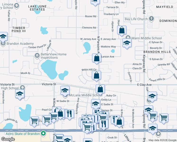 map of restaurants, bars, coffee shops, grocery stores, and more near 606 North Parsons Avenue in Brandon