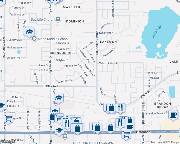 map of restaurants, bars, coffee shops, grocery stores, and more near 605 Valley Hill Drive in Brandon