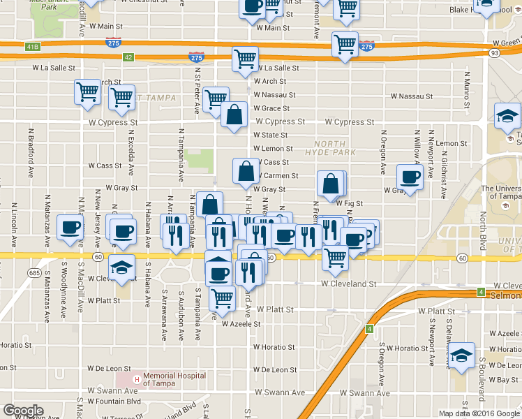 map of restaurants, bars, coffee shops, grocery stores, and more near 404 North Westland Avenue in Tampa