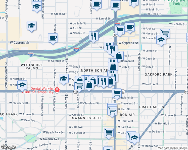 map of restaurants, bars, coffee shops, grocery stores, and more near 3913 West Fig Street in Tampa